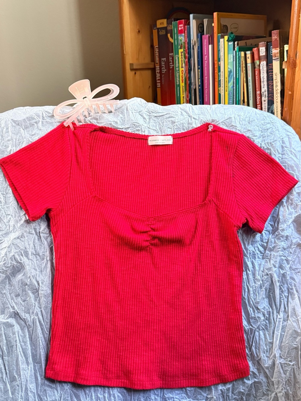 Fitted Ribbed Scoop Crop Top in Bright Red
